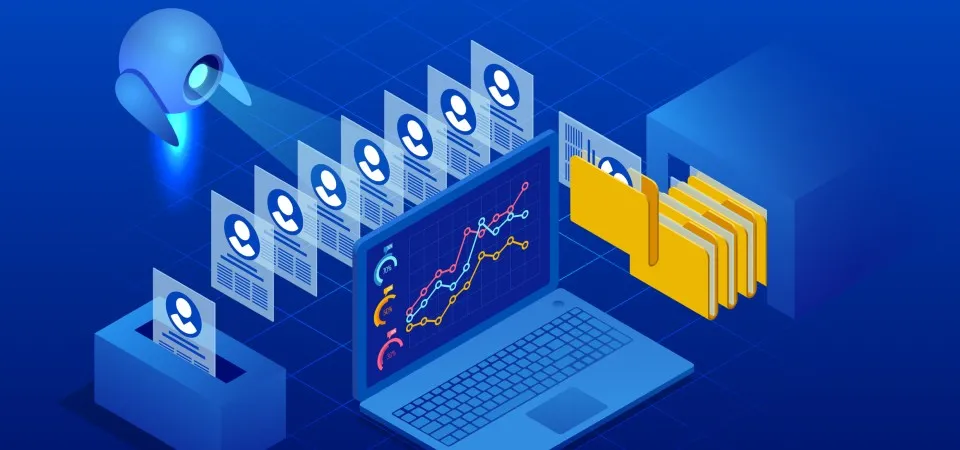 Ilustración de una inteligencia artificial leyendo documentos y organizándolos